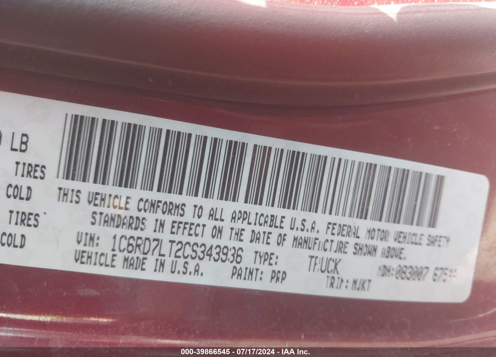 2012 RAM 1500 SLT VIN: 1C6RD7LT2CS343936