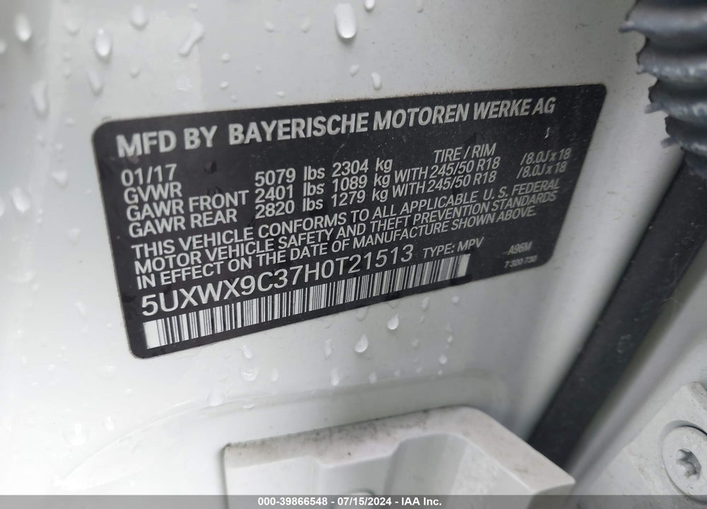 2017 BMW X3 XDRIVE28I VIN: 5UXWX9C37H0T21513