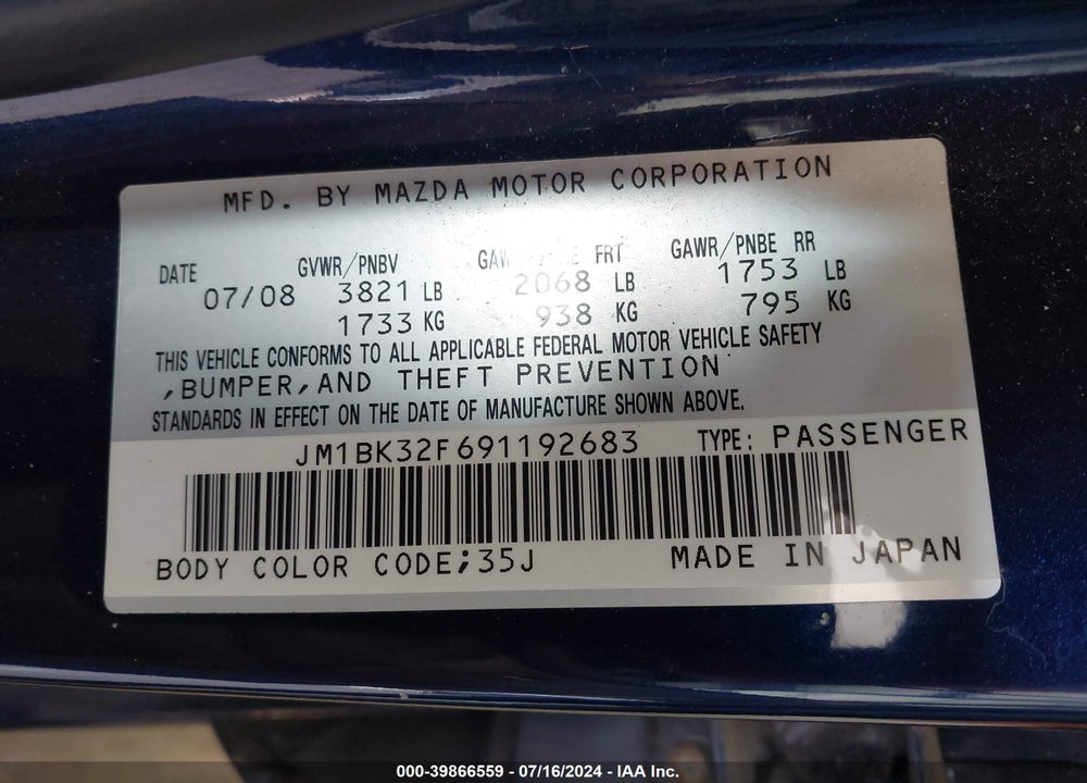 2009 MAZDA 3 I SPORT VIN: JM1BK32F691192683