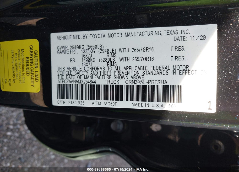 2021 TOYOTA TACOMA TRD PRO VIN: 5TFCZ5AN5MX254844