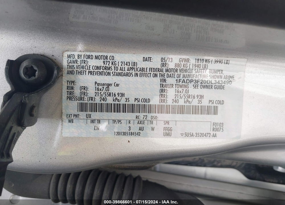 2013 FORD FOCUS SE VIN: 1FADP3F20DL343490