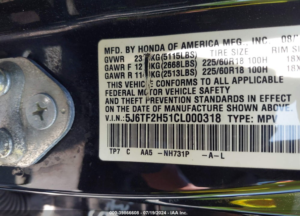 2012 HONDA CROSSTOUR EX-L VIN: 5J6TF2H51CL000318