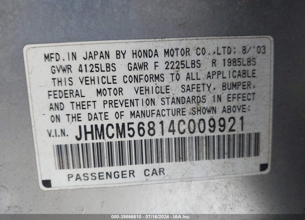 2004 HONDA ACCORD 2.4 EX VIN: JHMCM56814C009921
