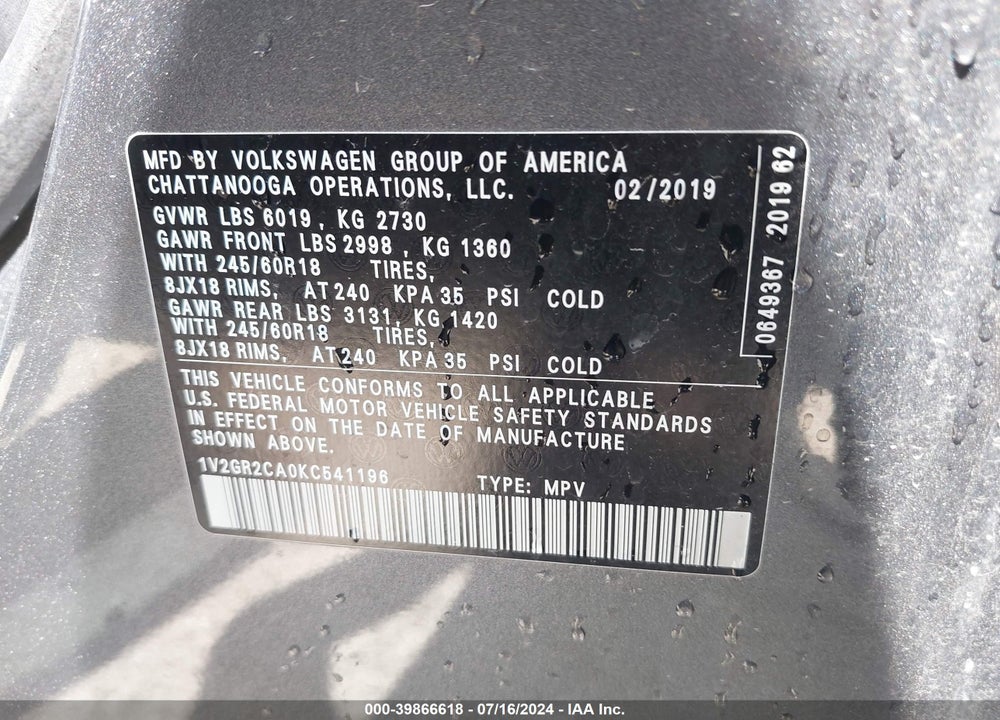 2019 VOLKSWAGEN ATLAS 3.6L V6 S VIN: 1V2GR2CA0KC541196
