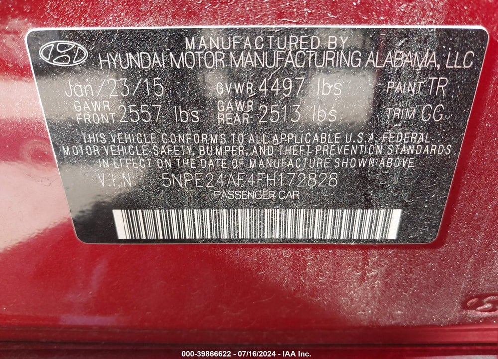 2015 HYUNDAI SONATA SE VIN: 5NPE24AF4FH172828