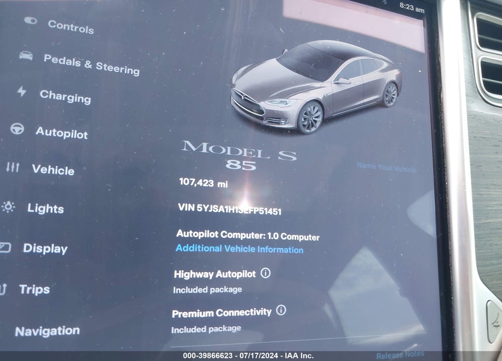 2014 TESLA MODEL S P85 VIN: 5YJSA1H13EFP51451