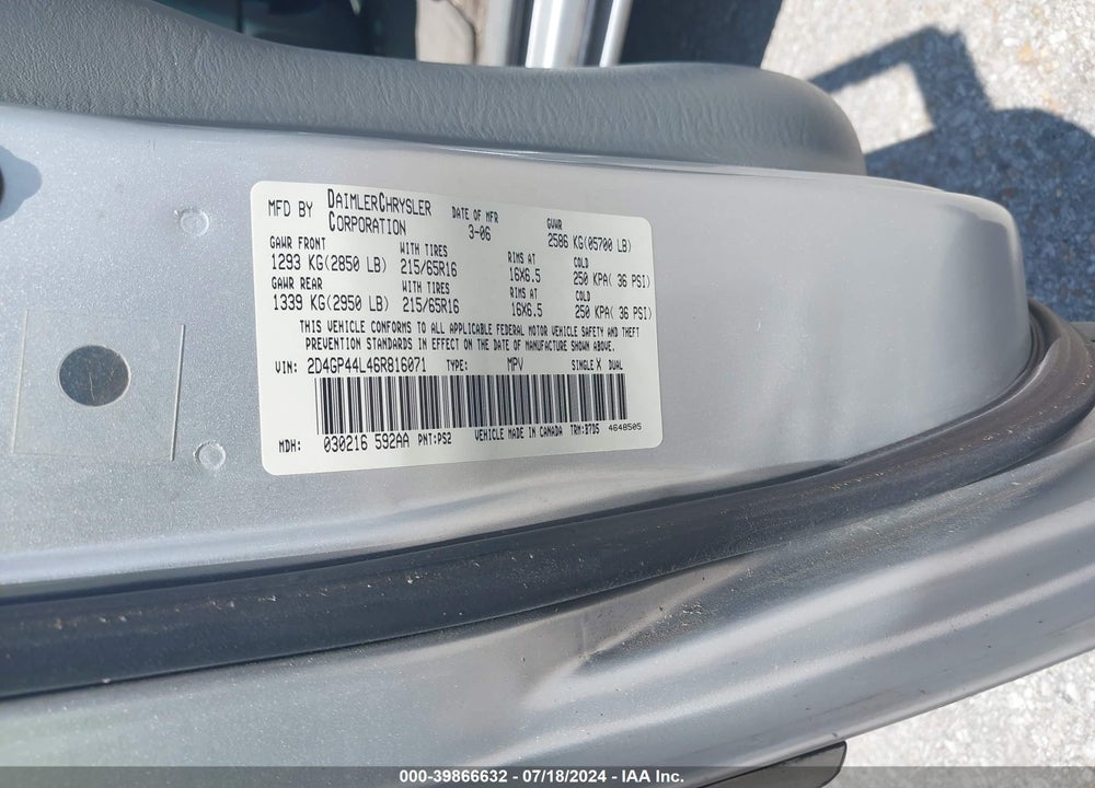 2006 DODGE GRAND CARAVAN SXT VIN: 2D4GP44L46R816071