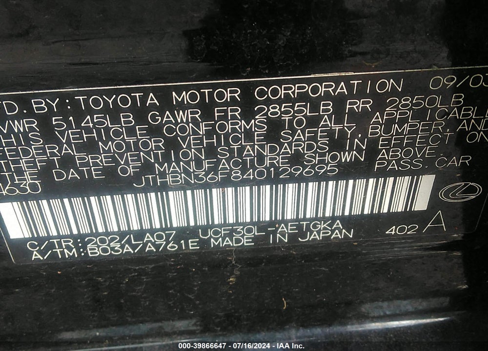2004 LEXUS LS 430 VIN: JTHBN36F840129695