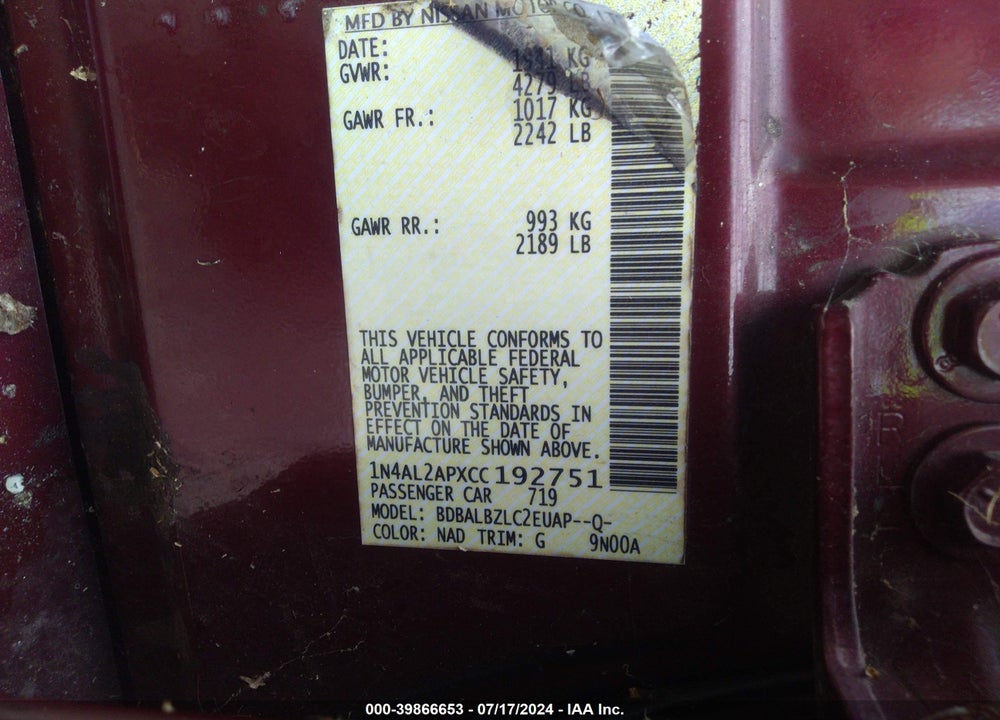 2012 NISSAN ALTIMA 2.5 S VIN: 1N4AL2APXCC192751