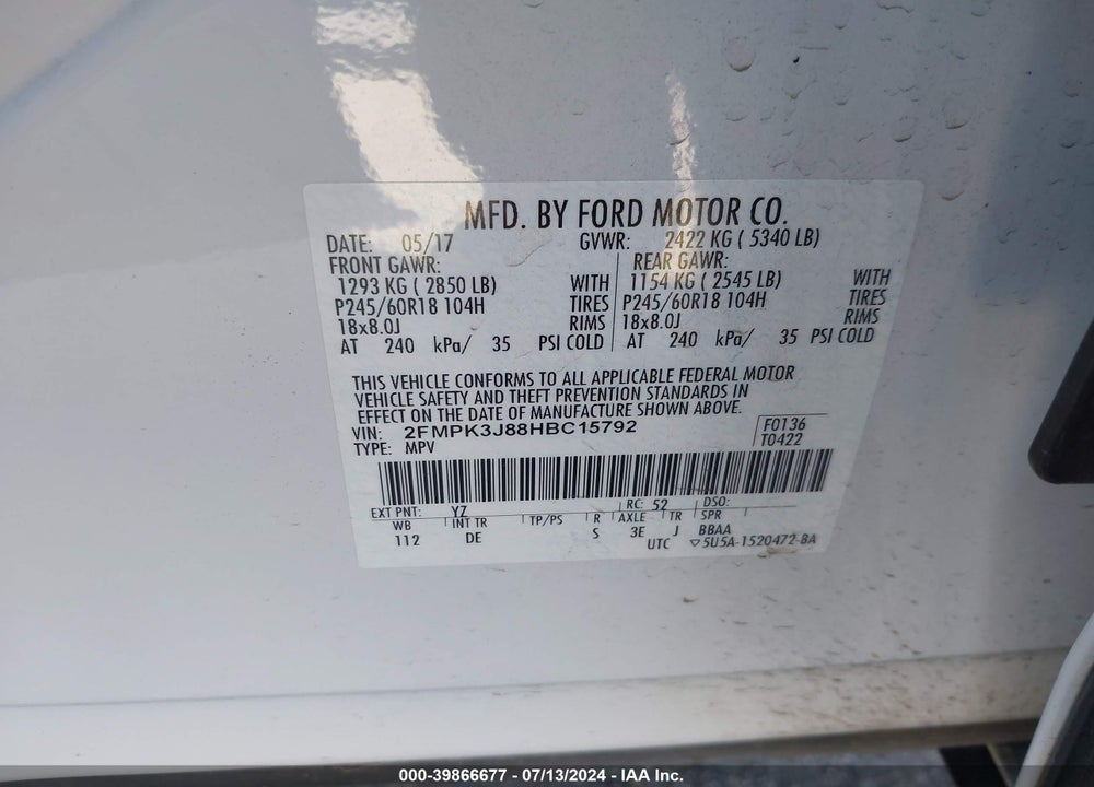 2017 FORD EDGE SEL VIN: 2FMPK3J88HBC15792