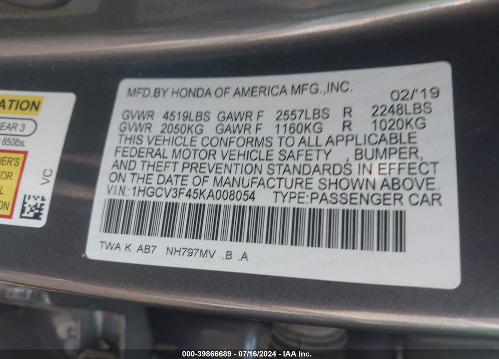 2019 HONDA ACCORD HYBRID EX VIN: 1HGCV3F45KA008054