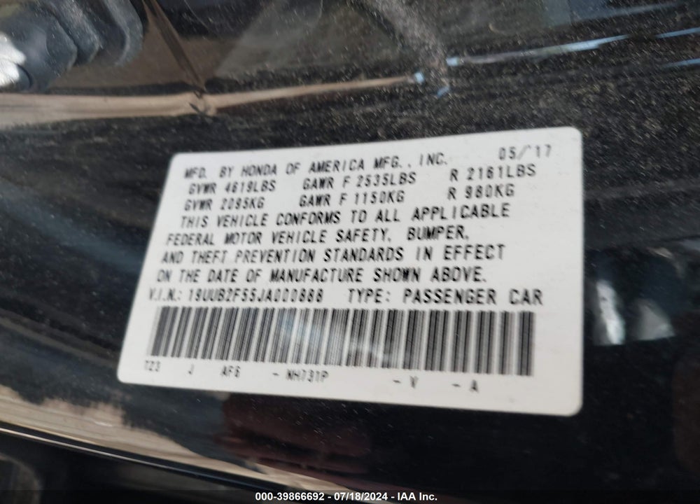 2018 ACURA TLX TECH PKG VIN: 19UUB2F55JA000888