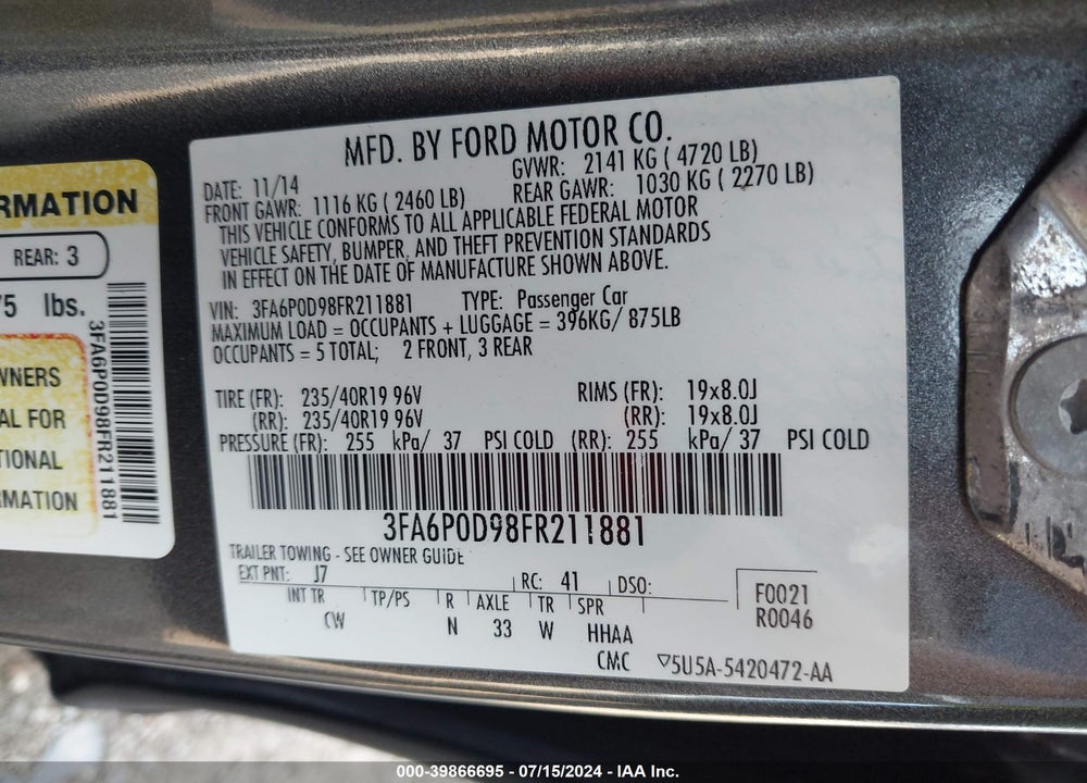 2015 FORD FUSION TITANIUM VIN: 3FA6P0D98FR211881