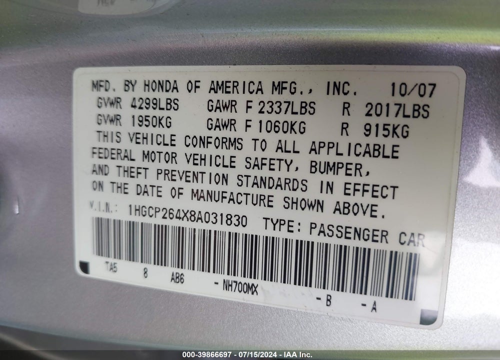 2008 HONDA ACCORD VIN: 1HGCP264X8A031830