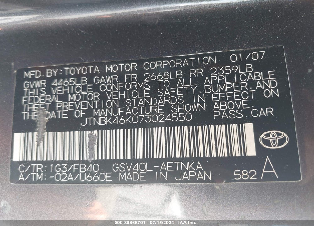 2007 TOYOTA CAMRY LE V6 VIN: JTNBK46K073024550