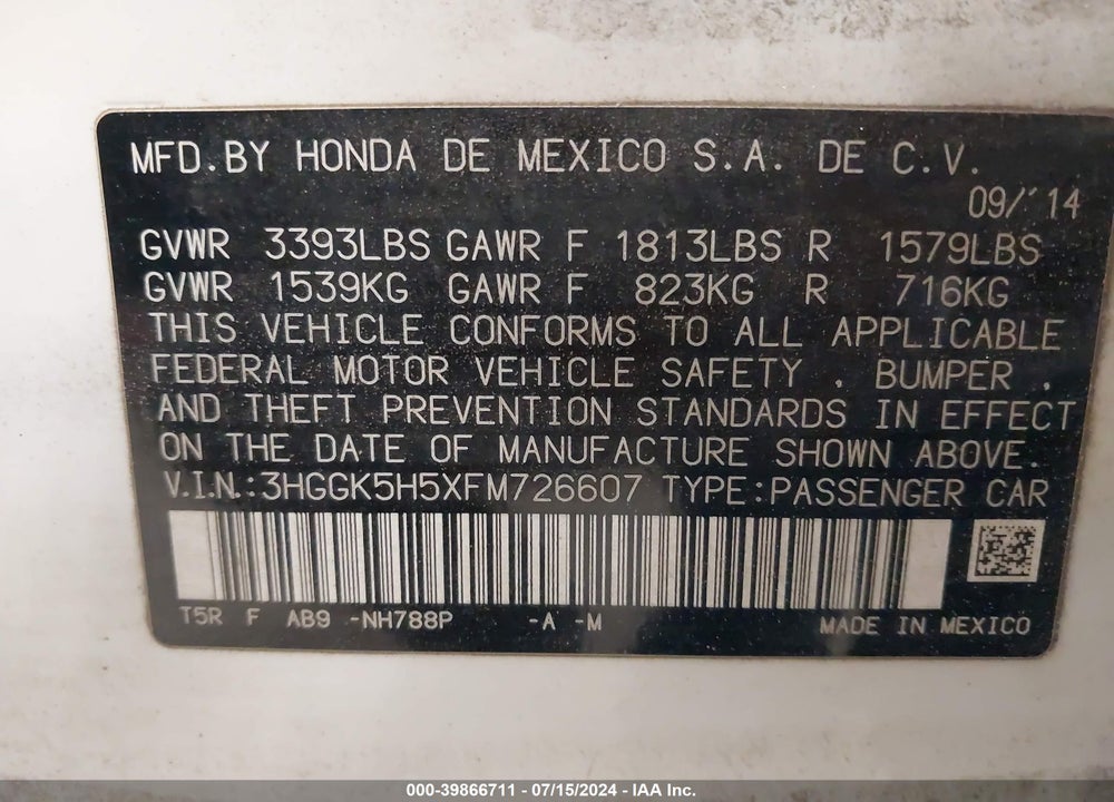 2015 HONDA FIT LX VIN: 3HGGK5H5XFM726607