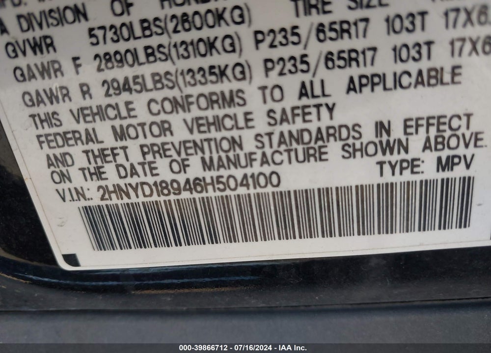2006 ACURA MDX VIN: 2HNYD18946H504100