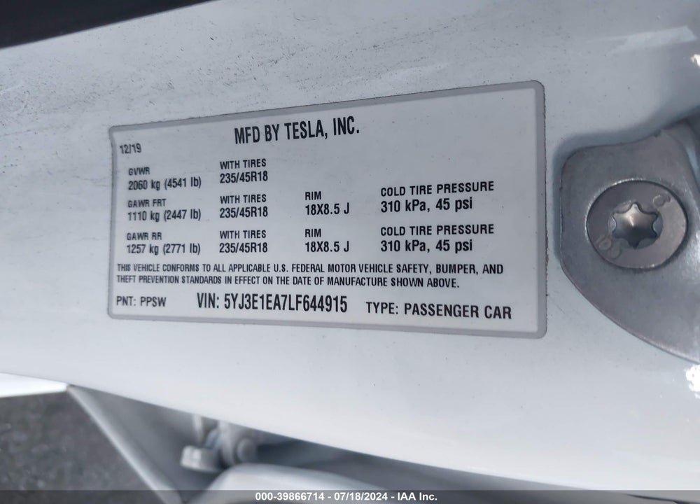 2020 TESLA MODEL 3 STANDARD RANGE PLUS REAR-WHEEL DRIVE/STANDARD RANGE REAR-WHEEL DRIVE VIN: 5YJ3E1EA7LF644915