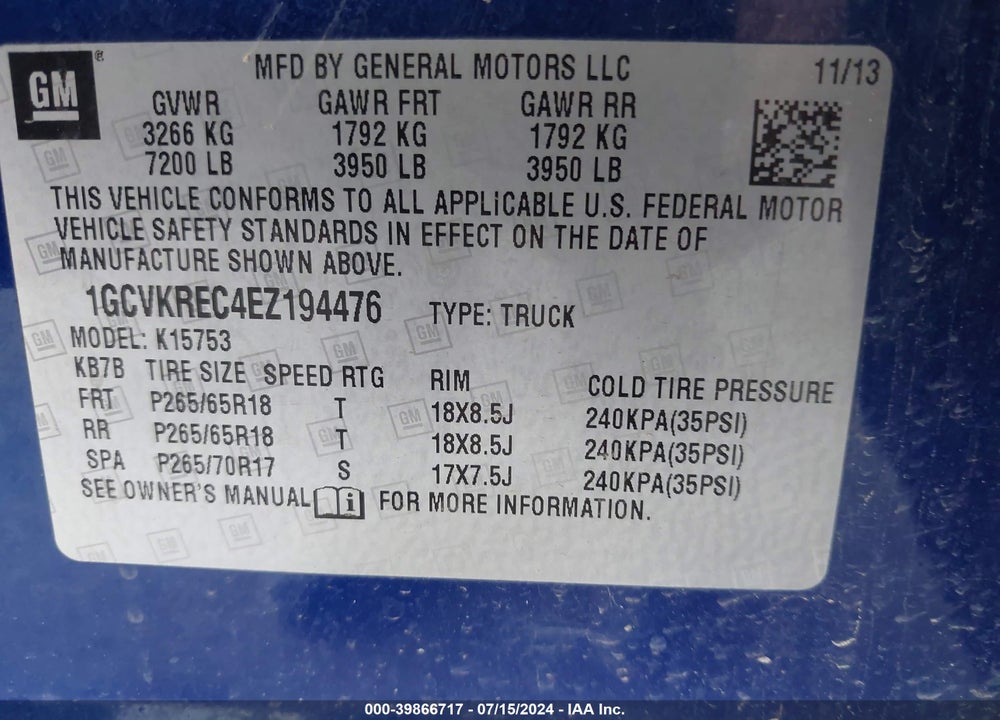 2014 CHEVROLET SILVERADO 1500 1LT VIN: 1GCVKREC4EZ194476