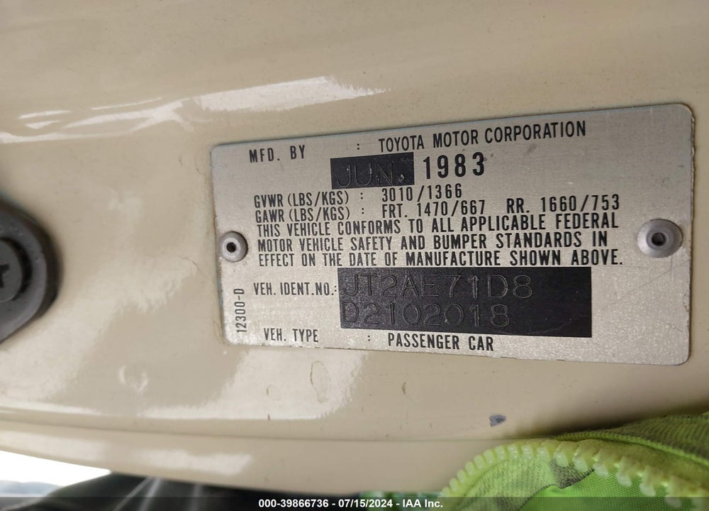 1983 TOYOTA COROLLA VIN: JT2AE71D8D2102018