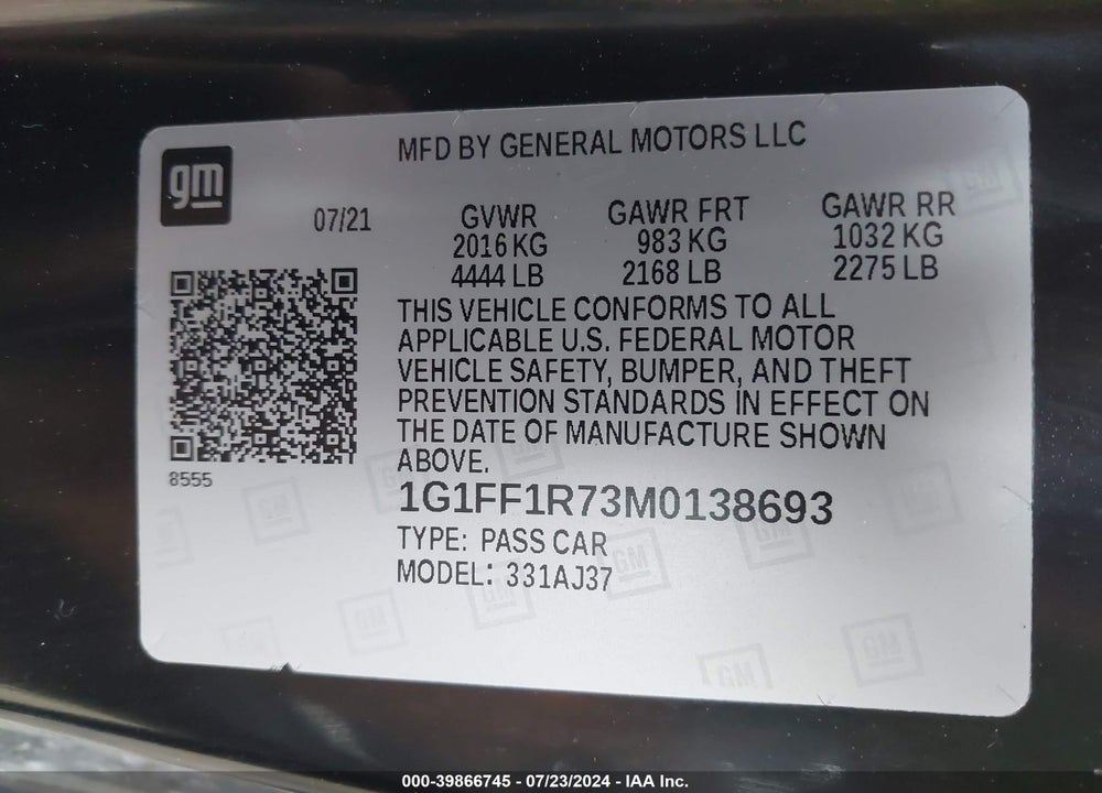 2021 CHEVROLET CAMARO RWD LT1 VIN: 1G1FF1R73M0138693