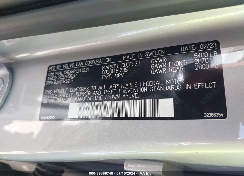 2023 VOLVO XC60 B5 ULTIMATE DARK THEME VIN: YV4L12RX8P1341234