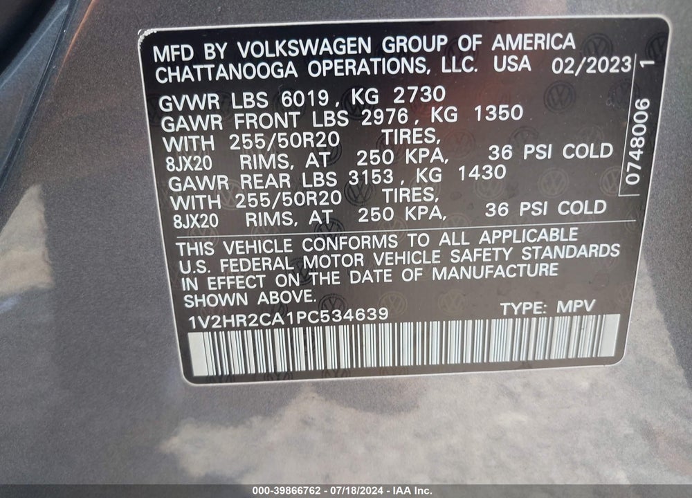 2023 VOLKSWAGEN ATLAS 3.6L V6 SE W/TECHNOLOGY VIN: 1V2HR2CA1PC534639