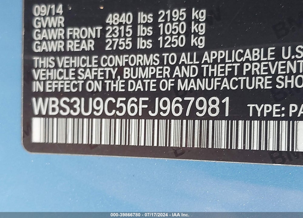 2015 BMW M4 VIN: WBS3U9C56FJ967981