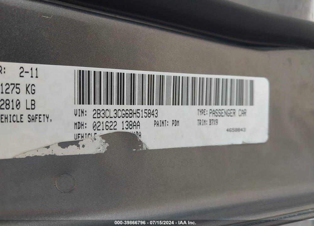 2011 DODGE CHARGER VIN: 2B3CL3CG6BH515843