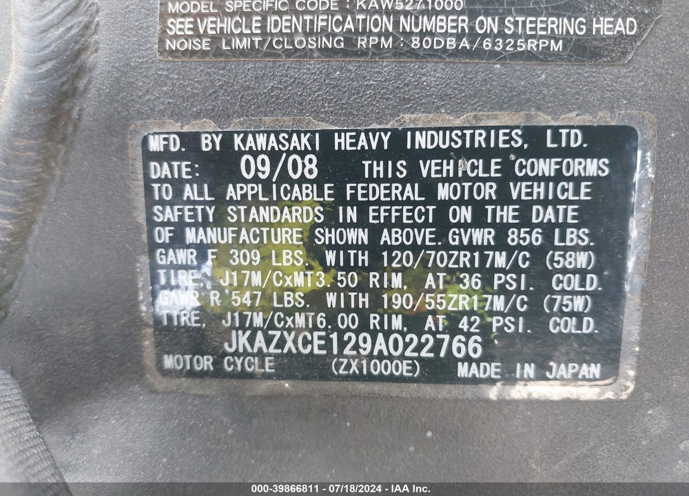 2009 KAWASAKI ZX1000 E VIN: JKAZXCE129A022766