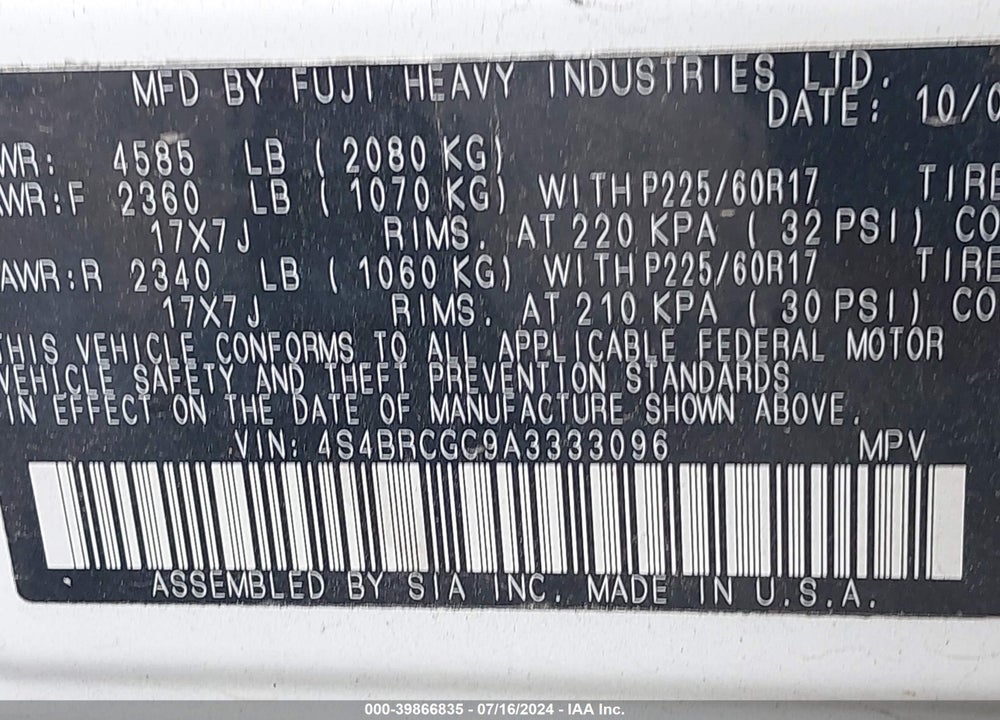 2010 SUBARU OUTBACK 2.5I PREMIUM VIN: 4S4BRCGC9A3333096