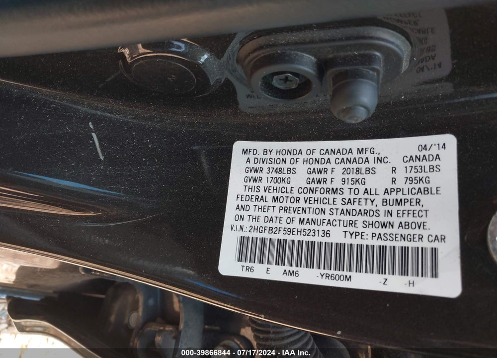 2014 HONDA CIVIC LX VIN: 2HGFB2F59EH523136