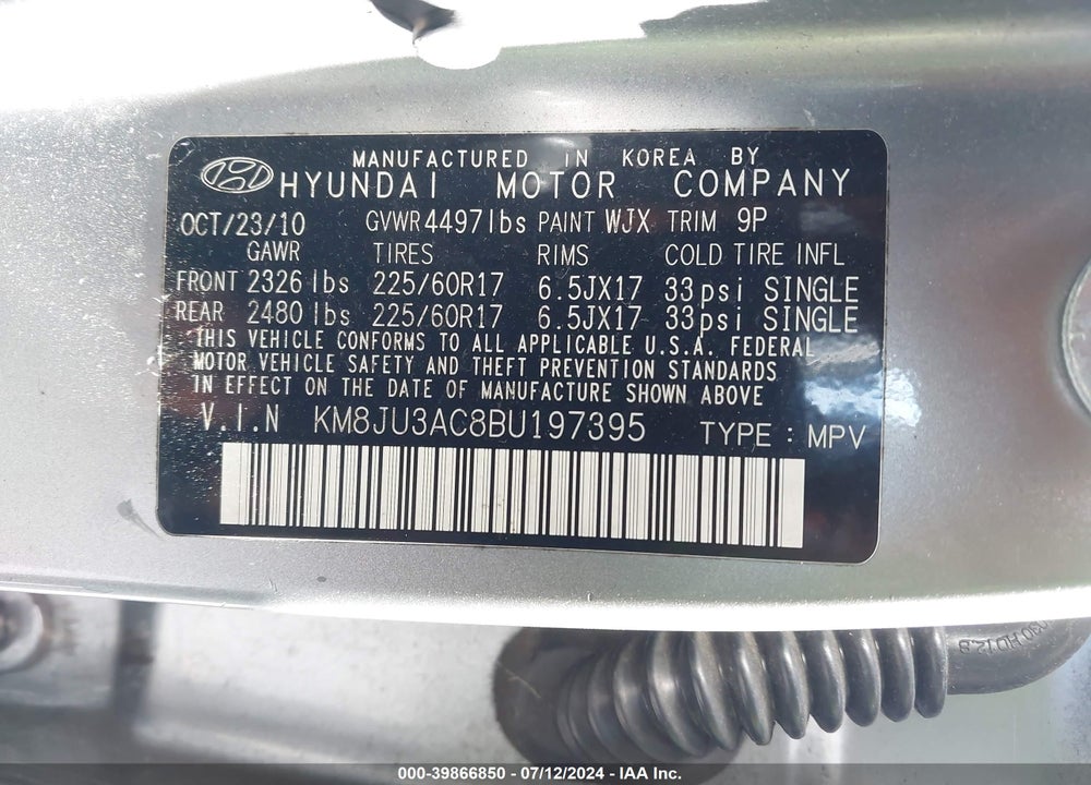 2011 HYUNDAI TUCSON VIN: KM8JU3AC8BU197395