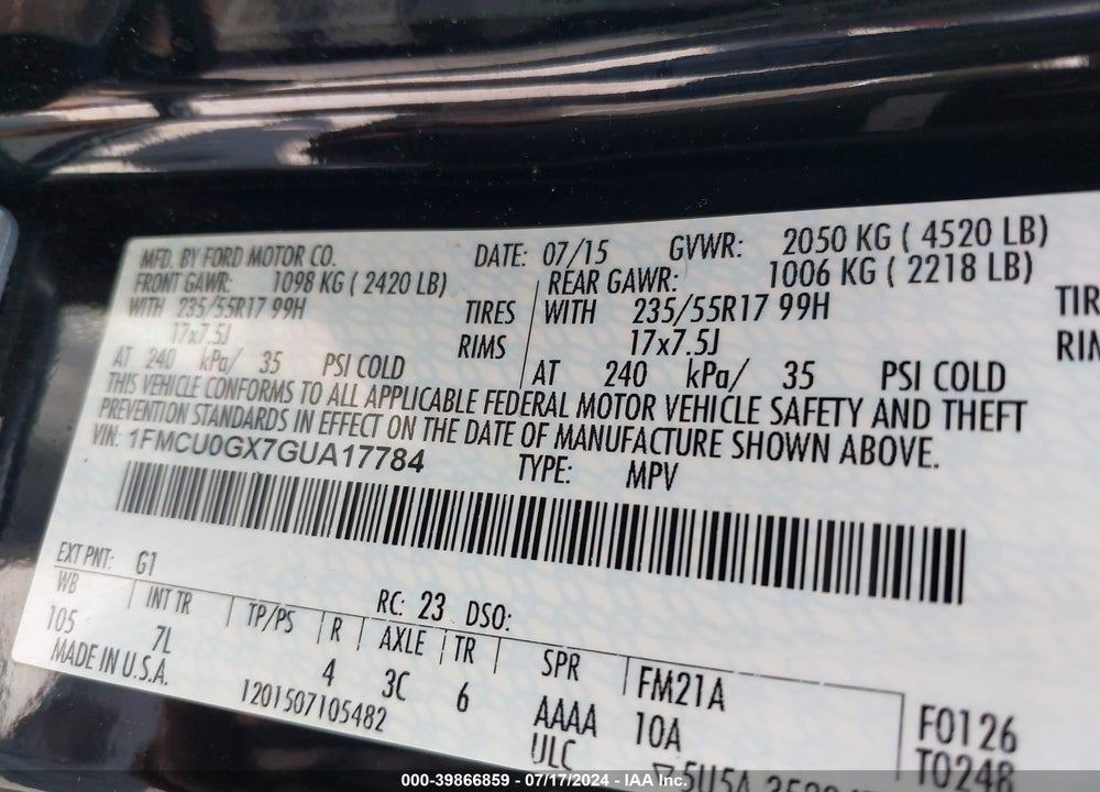 2016 FORD ESCAPE SE VIN: 1FMCU0GX7GUA17784