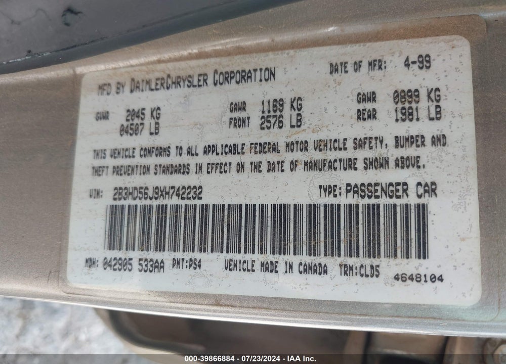 1999 DODGE INTREPID ES VIN: 2B3HD56J9XH742232