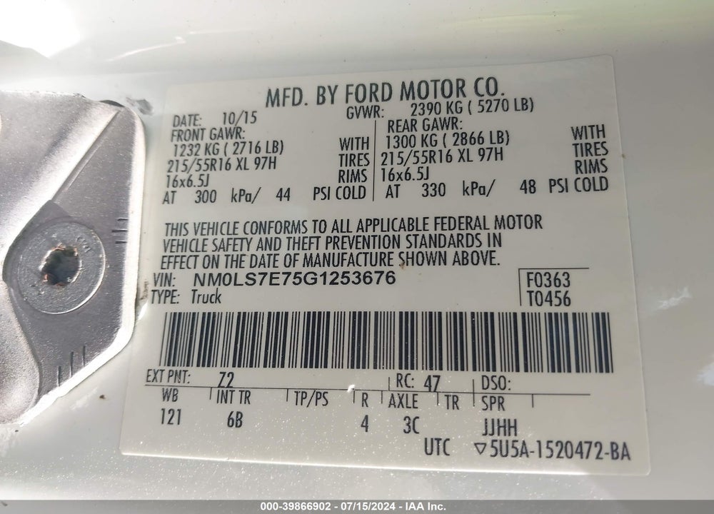 2016 FORD TRANSIT CONNECT XL VIN: NM0LS7E75G1253676