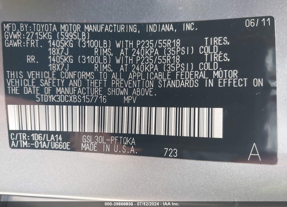 2011 TOYOTA SIENNA LIMITED V6 VIN: 5TDYK3DCXBS157716