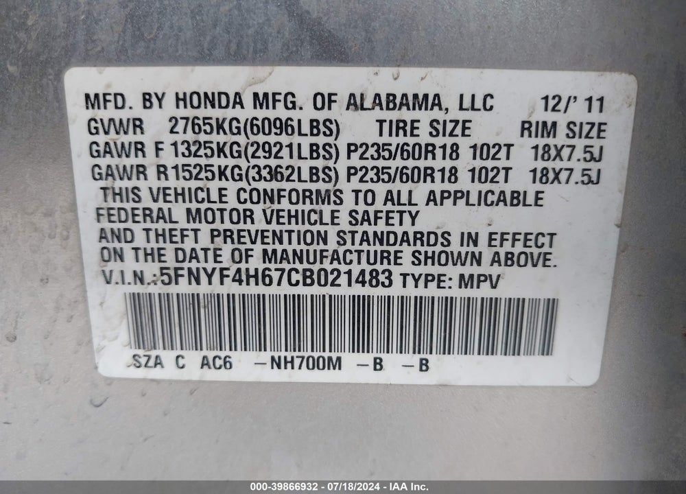 2012 HONDA PILOT EX-L VIN: 5FNYF4H67CB021483