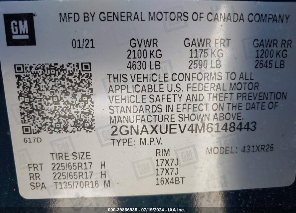 2021 CHEVROLET EQUINOX AWD LT VIN: 2GNAXUEV4M6148443