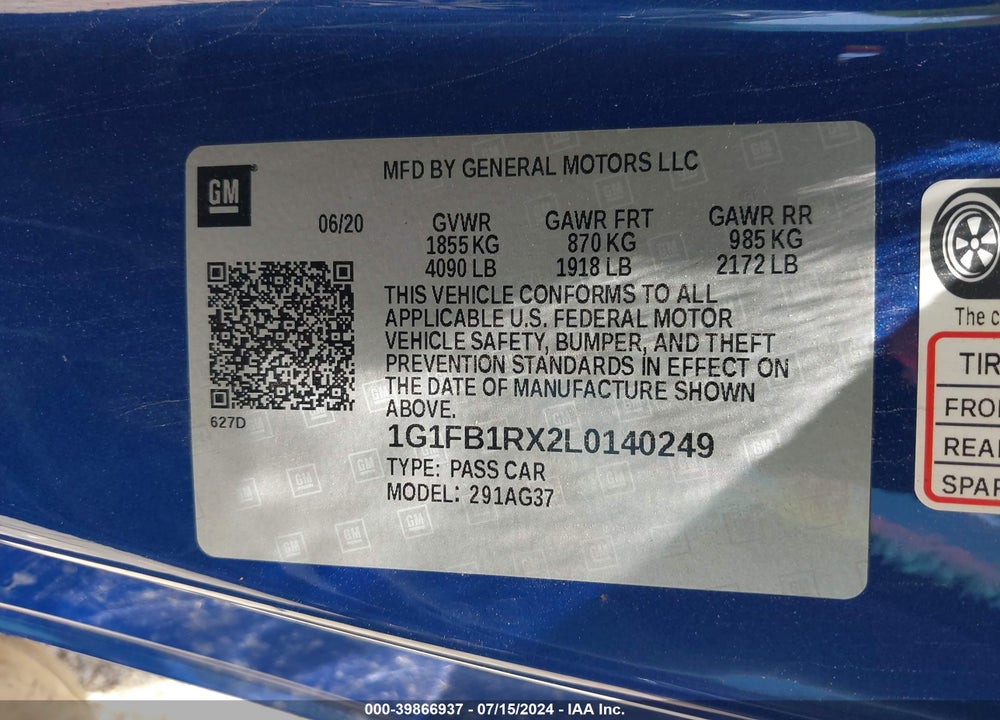 2020 CHEVROLET CAMARO VIN: 1G1FB1RX2L0140249