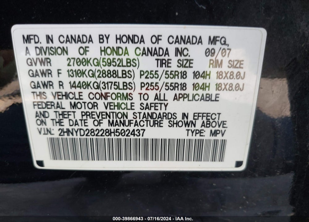 2008 ACURA MDX VIN: 2HNYD28228H502437