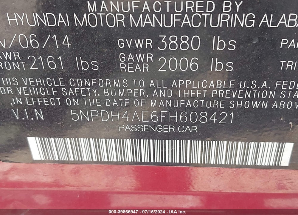 2015 HYUNDAI ELANTRA SE VIN: 5NPDH4AE6FH608421