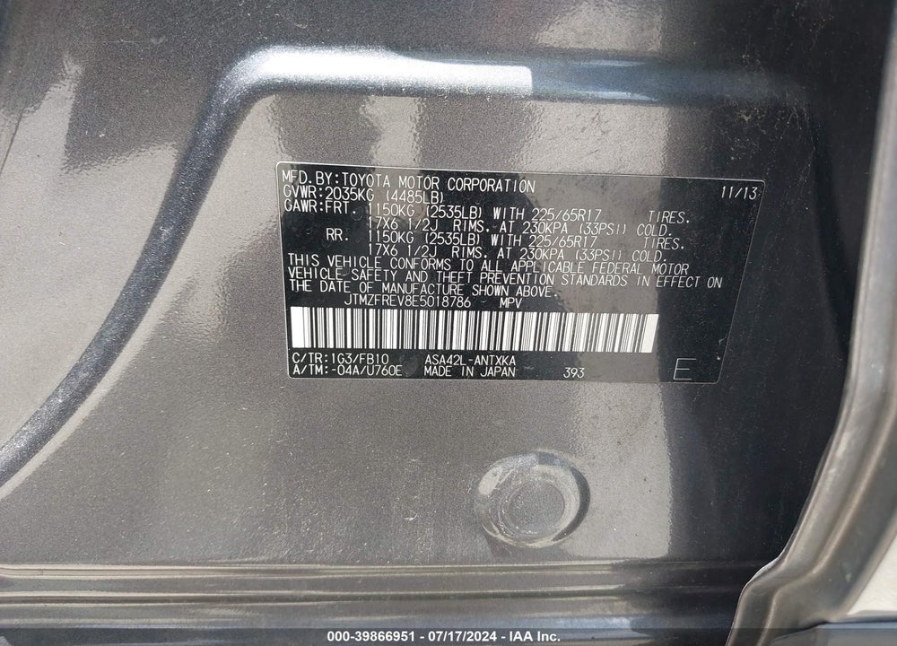 2014 TOYOTA RAV4 VIN: JTMZFREV8E5018786