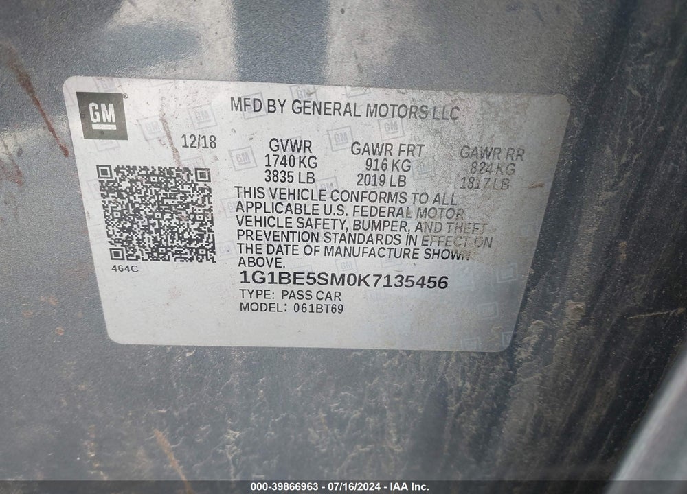 2019 CHEVROLET CRUZE VIN: 1G1BE5SM0K7135456