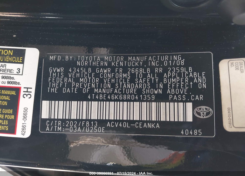 2008 TOYOTA CAMRY VIN: 4T4BE46K68R041359