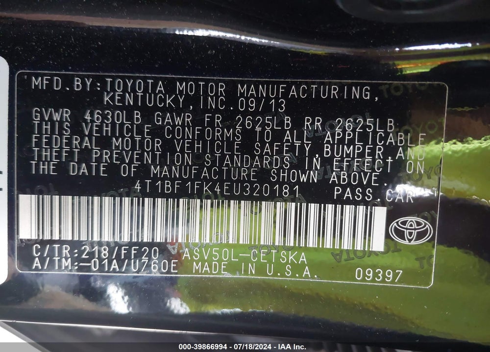 2014 TOYOTA CAMRY SE VIN: 4T1BF1FK4EU320181