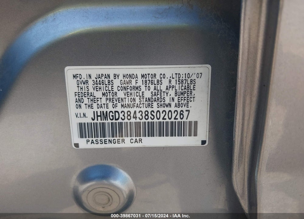 2008 HONDA FIT VIN: JHMGD38438S020267
