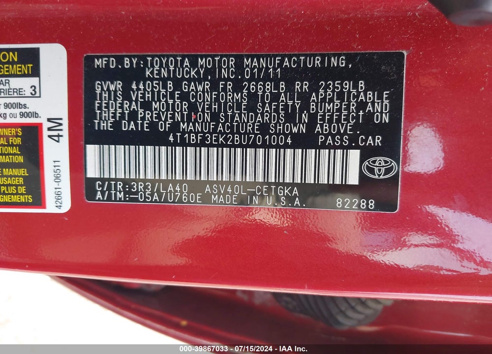 2011 TOYOTA CAMRY XLE VIN: 4T1BF3EK2BU701004