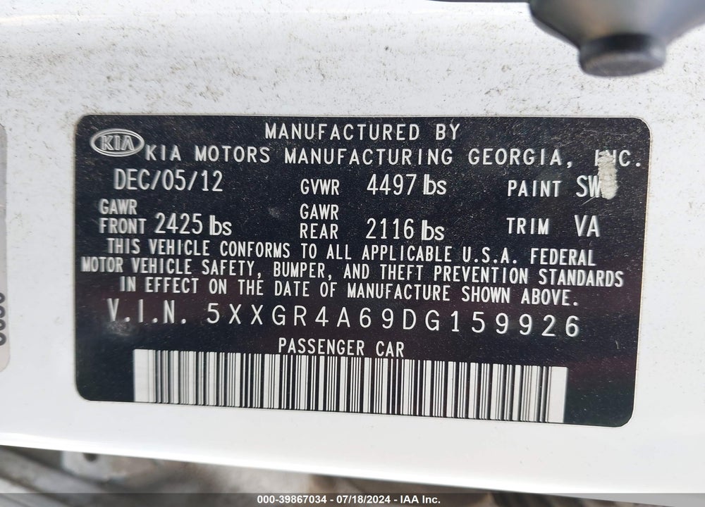 2013 KIA OPTIMA SX VIN: 5XXGR4A69DG159926