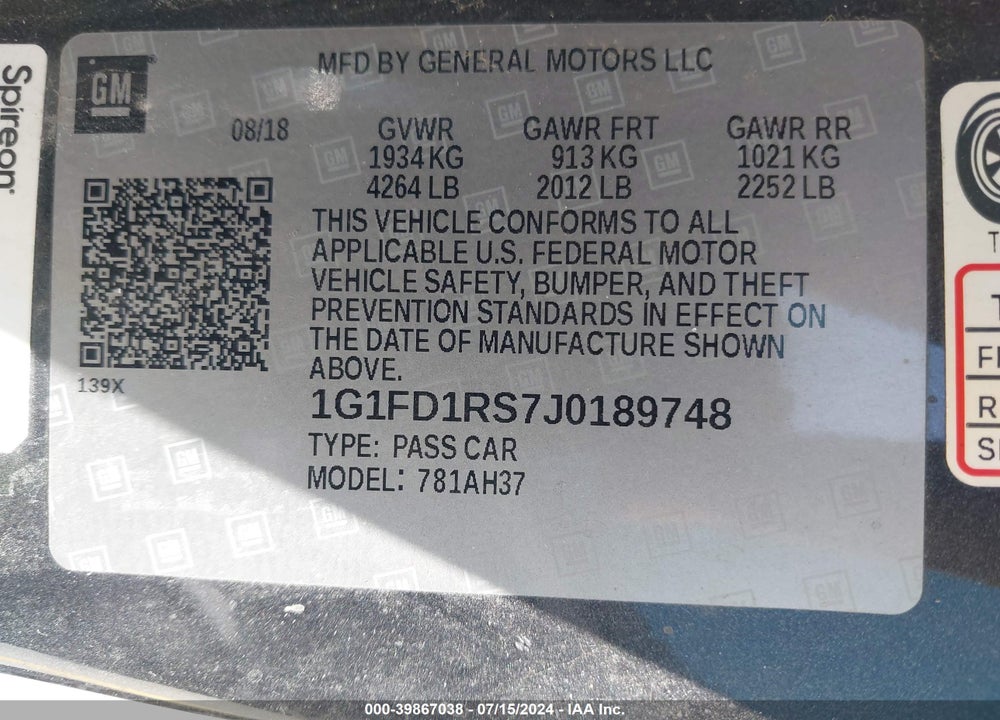 2018 CHEVROLET CAMARO 2LT VIN: 1G1FD1RS7J0189748